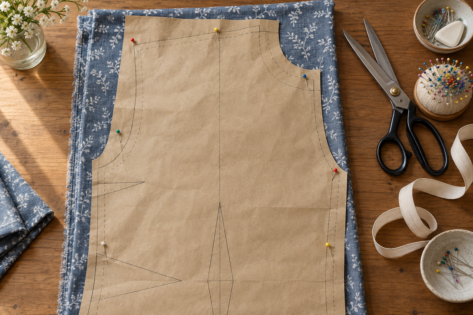 Une table de couture vue de dessus : un patron en papier épinglé sur le tissu, ciseaux et mètre ruban